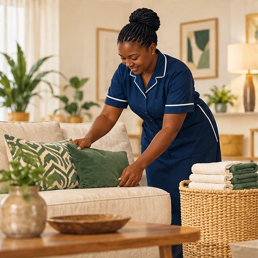 A professional Ghanaian cleaner organising a home with folded laundry