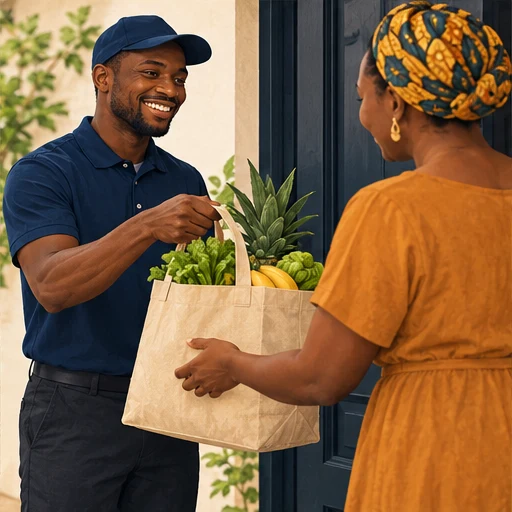 A Ghanaian errands assistant handing a grocery tote to a customer
