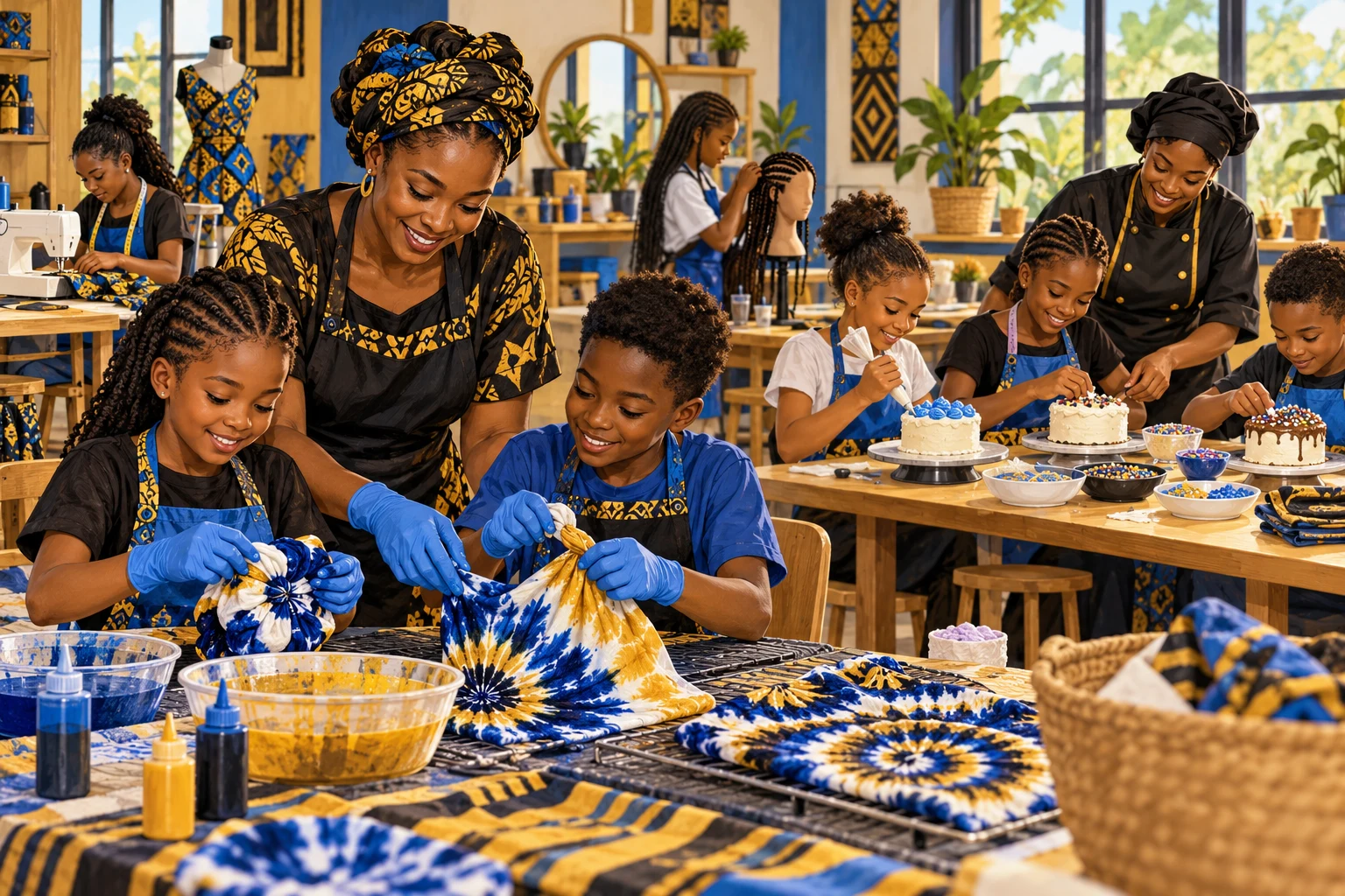 Illustration of Ghanaian children exploring tie and dye and cake decorating with adult guidance
